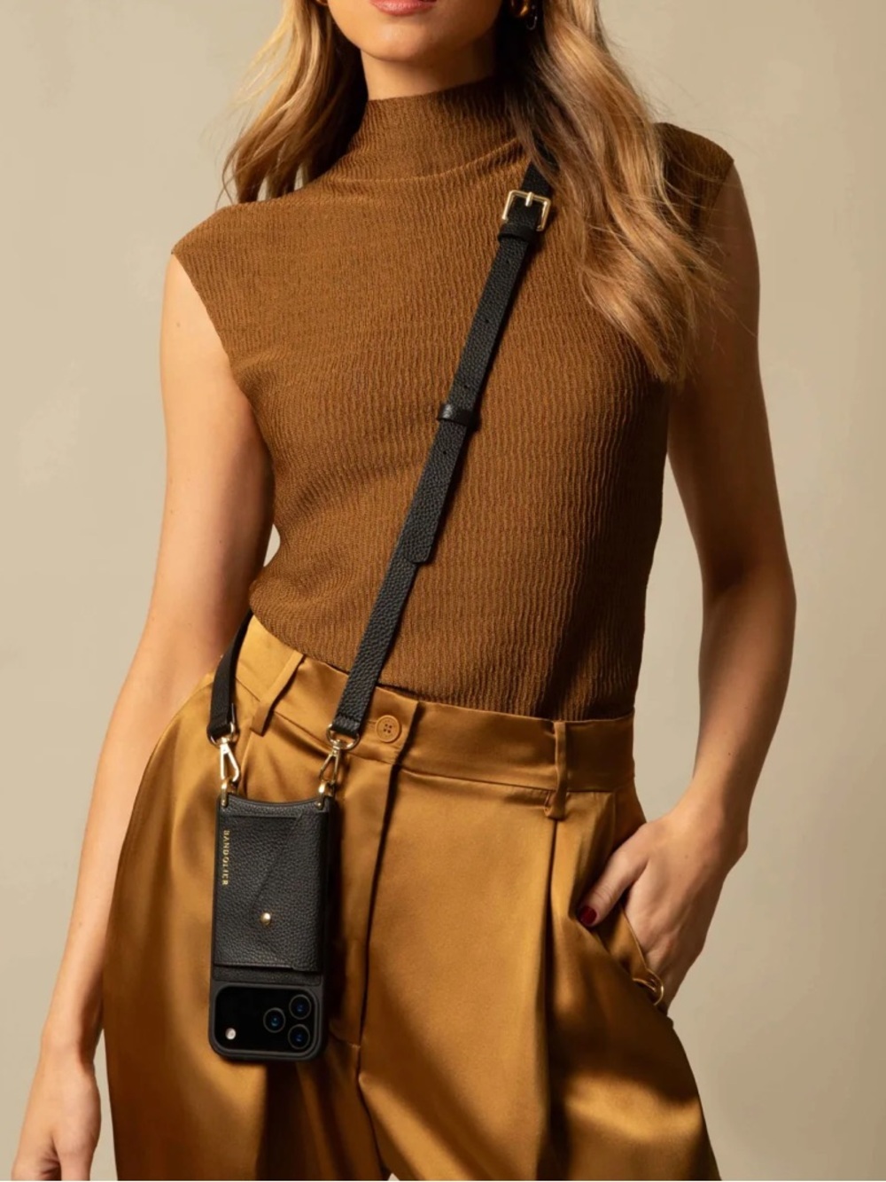 Bandolier Hailey Crossbody Phone Case in Black with Gold Hardware